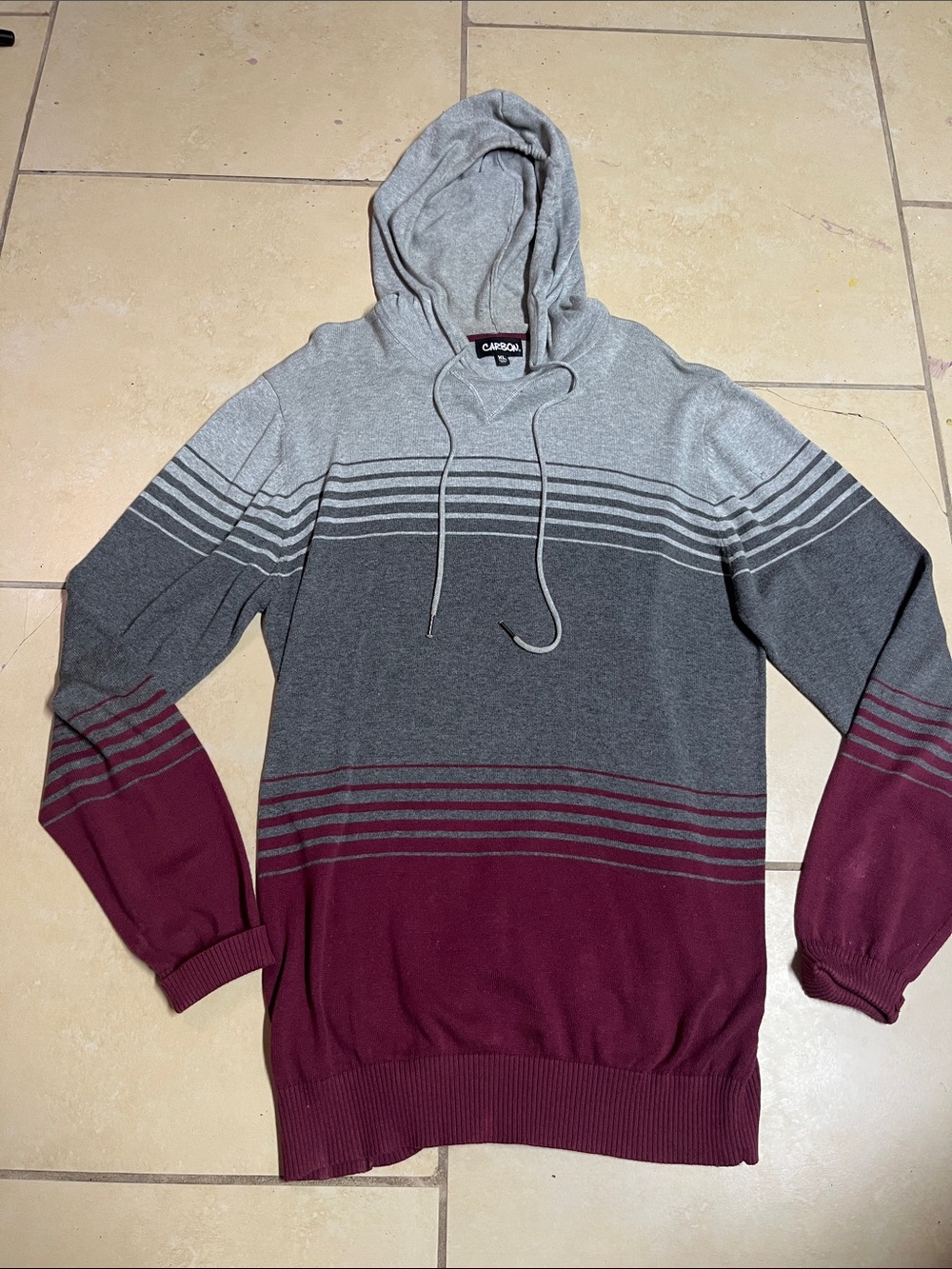 Carbon Gray and Burgundy Striped Hooded Pullover